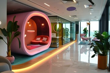 Empty modern open space office interior with recreation area, featuring a futuristic pink alcove