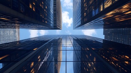 skyscrapers viewed from below against a clear blue sky background, generative ai