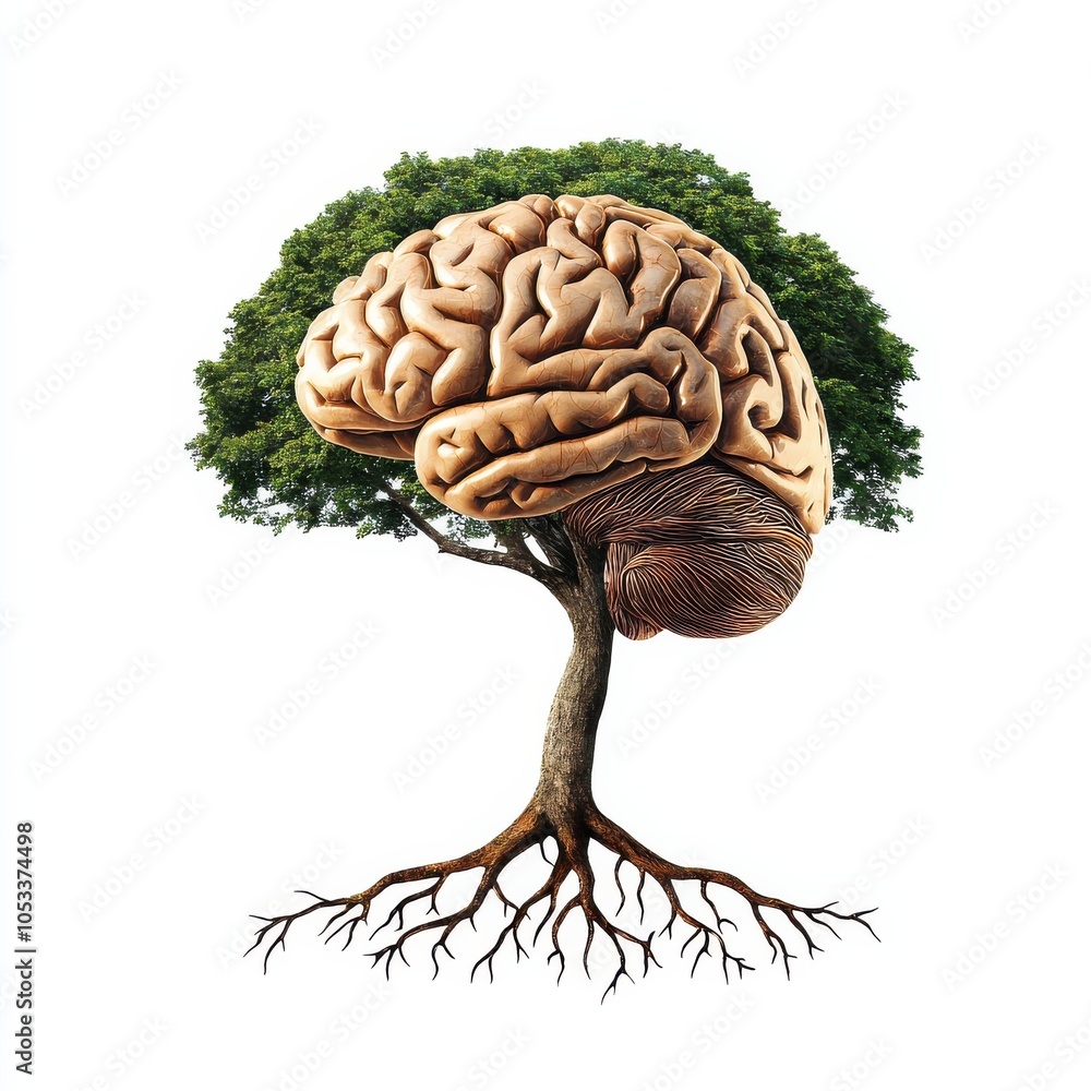 Poster a conceptual image combining a tree with a human brain, symbolizing the connection between nature an