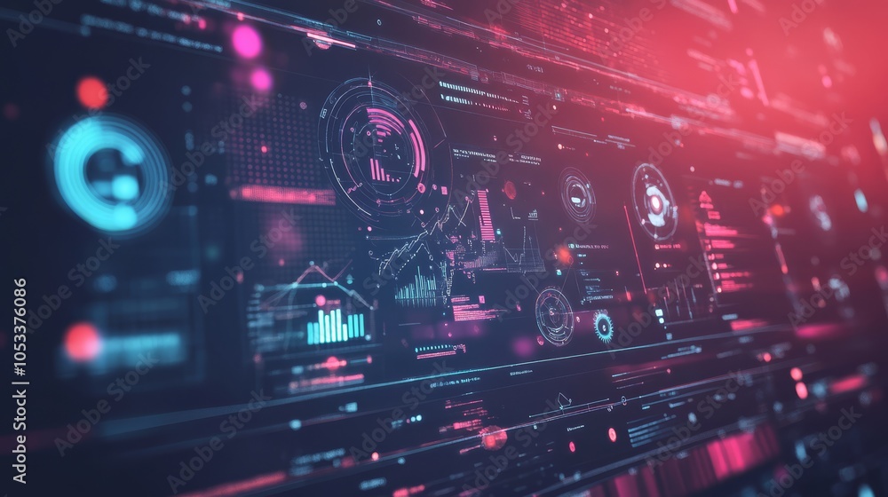 Poster digital futurism: abstract technological background with glowing neon hud interface elements, data s