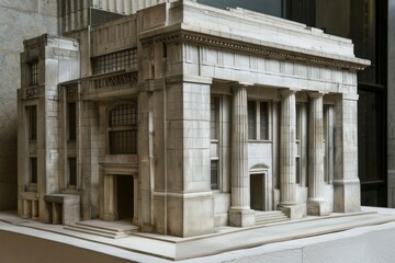 Obraz premium Showing an architectural model of a neoclassical bank building, featuring intricate details and a grand facade