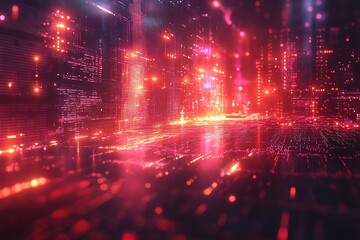 Fototapeta premium Abstract digital city with glowing lights and data streams.
