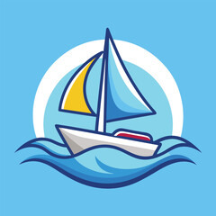 Fototapeta premium A cartoon sailboat with a blue and yellow sail glides on blue waves.