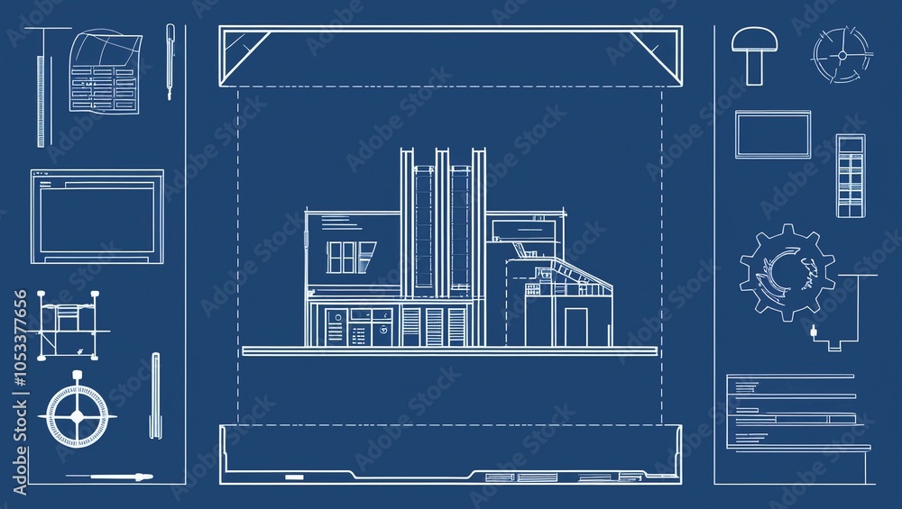 Poster blueprint style design with technical drawing elements in white on a blue background, ideal for engi
