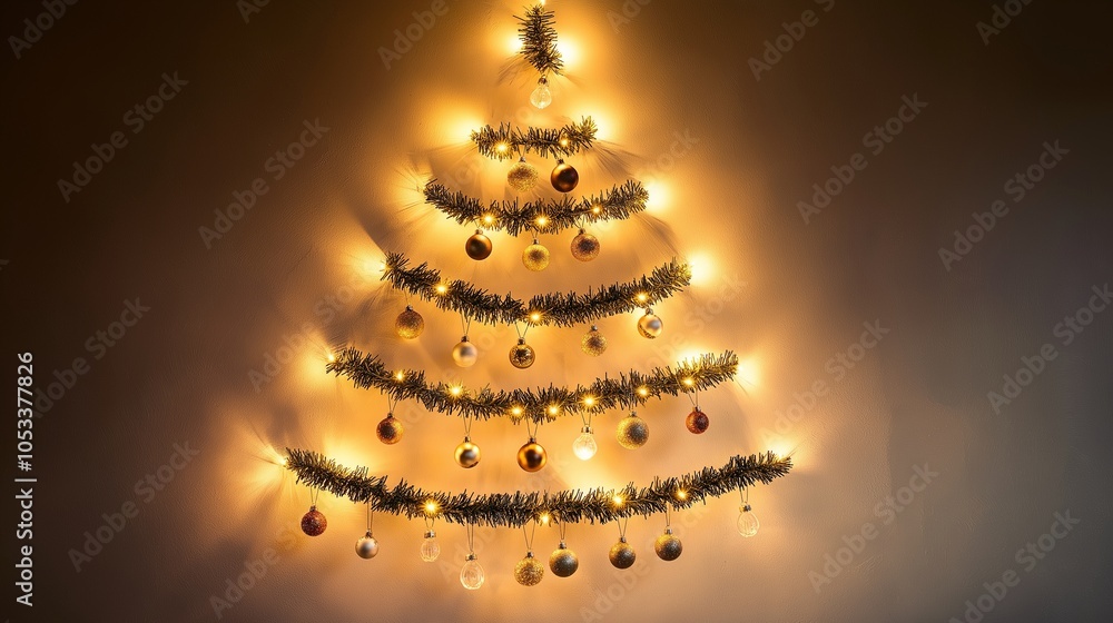 Poster a wall-mounted christmas tree created using strings of fairy lights and garland arranged in the shap