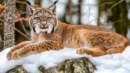 Obraz premium Close-up of lynx with sharp gaze and unique spotted fur pattern blending into snowy background