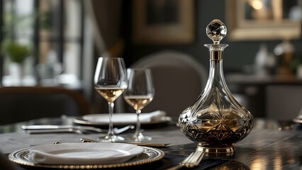 Fototapeta premium Elegant wine decanter with glasses in a sophisticated dining room setting
