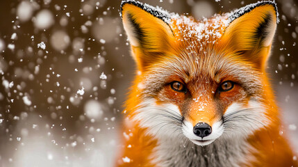 Fototapeta premium Close-up of red fox with vibrant orange fur and captivating gaze in a winter landscape showing beauty of snowy season