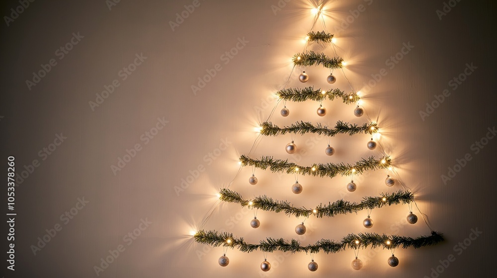 Poster a wall-mounted christmas tree created using strings of fairy lights and garland arranged in the shap