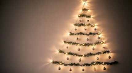 A wall-mounted Christmas tree created using strings of fairy lights and garland arranged in the shape of a traditional tree. Small, lightweight ornaments hang from the lights