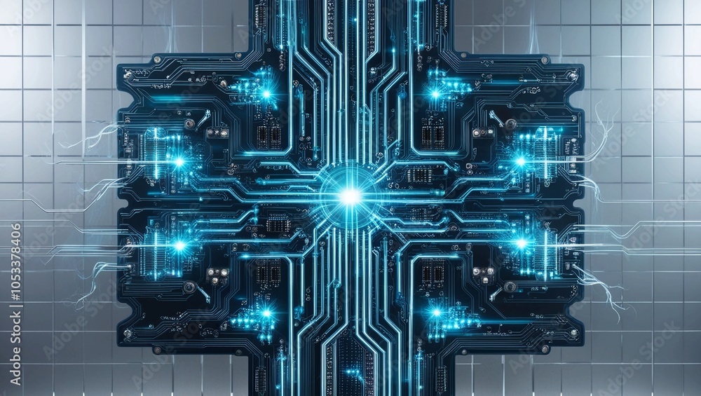 Poster complex blue high-tech digital interface with blue light elements and futuristic board pattern with 