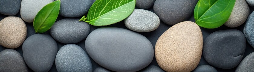 Smooth pebbles and fresh green leaves arranged together for a calming natural aesthetic.