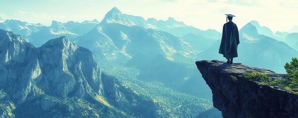 A graduate in cap and gown standing at the edge of a cliff, overlooking a vast mountain range, symbolizing the start of a new journey, Epic Landscape, High Contrast, Realistic