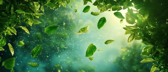 Vibrant green leaves scattered in sunlight, creating a serene and refreshing atmosphere.
