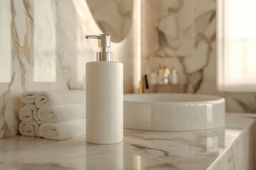 Fototapeta premium A mockup with a blank hand wash bottle in the luxurious bathroom, high end and modern style 
