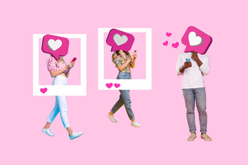 Composite trend artwork 3D sketch image collage of headless two young lady one man user profile date online app heart banner phone frame