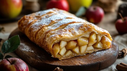 Freshly baked apple strudel with powdered sugar
