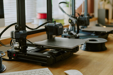 Several advanced 3D printers arranged on wooden desk in brightly lit room by window, with computer keyboard and mouse in foreground