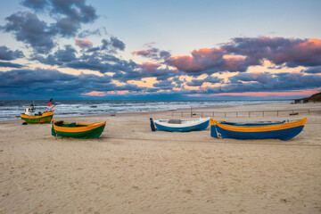 Baltic Sea beach in Jantar at sunset. Poland