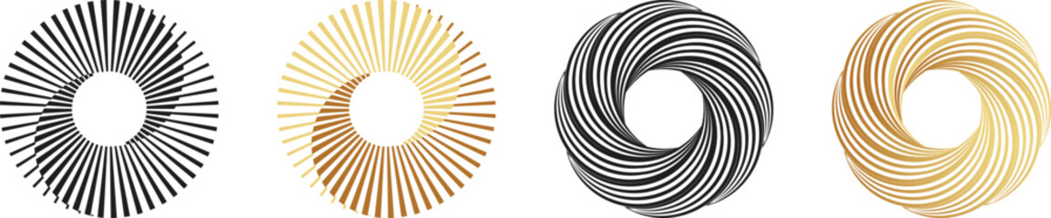 Obraz premium Collection of black and gold colour circle design elements. Halftone dots in circle shape. Round logo. Round dot frame. Vector illustration