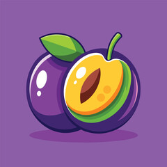 Obraz premium A cartoon illustration of a purple plum, one whole and one cut open to reveal its yellow flesh and brown pit.