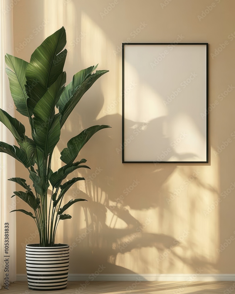 Canvas Prints modern interior design with empty frame and plant casting shadows