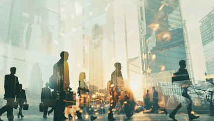 Abstract business people and cityscape, representing the concept of growth in corporate vision. Office buildings and figures walking with briefcases, success and experience urban environment.