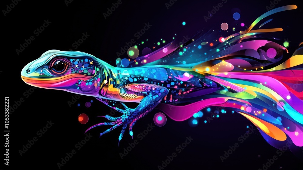 Poster a colorful, stylized lizard design with vibrant flowing patterns on a dark background.