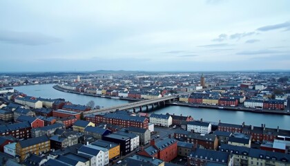 Naklejka premium Vibrant cityscape with river and bridge perfect for travel or urban lifestyle content