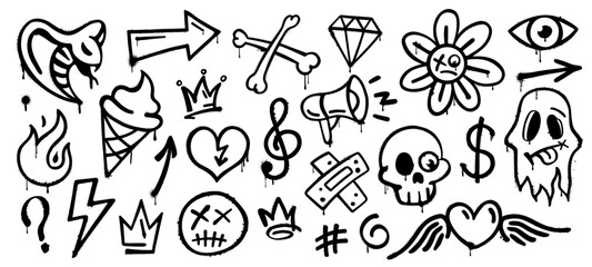 Grunge graffiti ink spray, street art paints. Vector hand drawn spray paint arrow, skull and dead smile emoji, crown, ghost and heart. Ice cream cone, lightning, eye and flower emoticon ink drawings