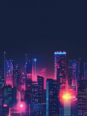 Fototapeta premium A vibrant city skyline illuminated by neon lights at night, conveying a futuristic atmosphere.