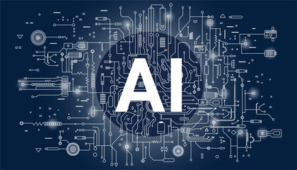Artificial intelligence banner. Artificial intelligence chip processor. Concept of Artificial Intelligence AI and Machine learning, AI engineering. AI technology background.