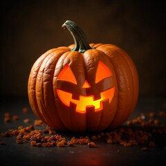 A glowing pumpkin with a spooky face for Halloween, creating an atmosphere of fear and mystery in the dark.