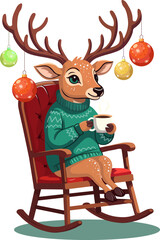 Vector illustration of a Christmas reindeer sitting in a rocking chair with Christmas glass ornaments balls hanging from its antlers