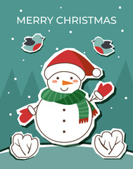 Christmas card. Christmas elements stickers. Snowman in Santa hat. Applique.