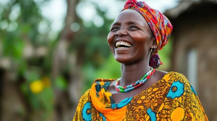 Fototapeta premium Kenyan woman with a bright dress, looking joyful