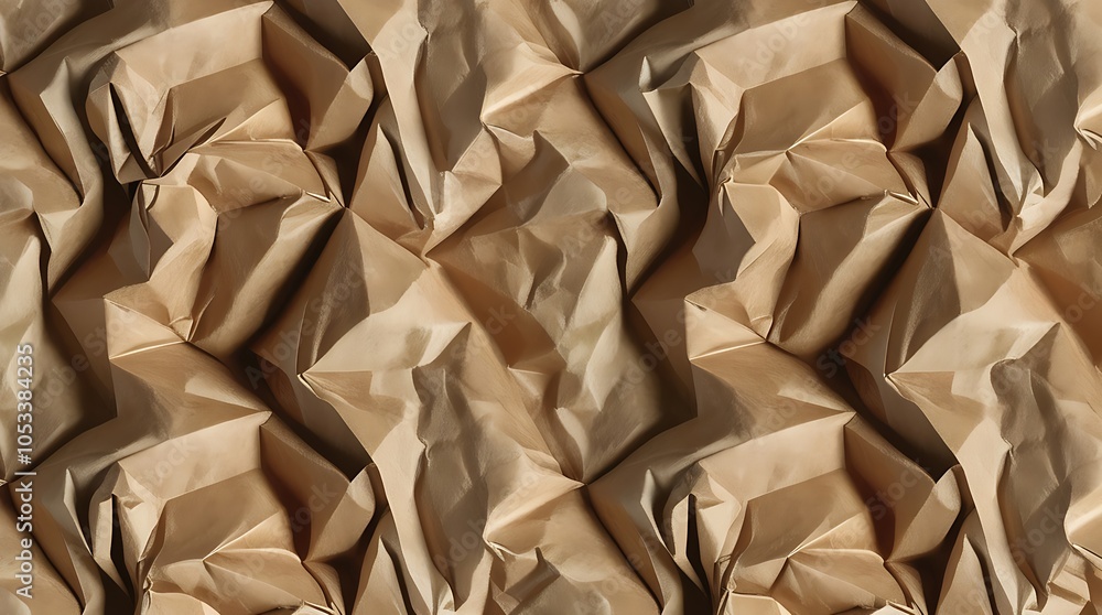Poster abstract pattern of crumpled brown paper with sharp folds and creases.