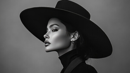 A bold fashion photo of a woman wearing a large black wide-brimmed hat, in monochrome style, high contrast, high resolution, detailed profile portrait, professional studio lighting.
