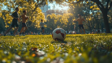 Friends playing a game of touch football in a park, 4K hyperrealistic photo