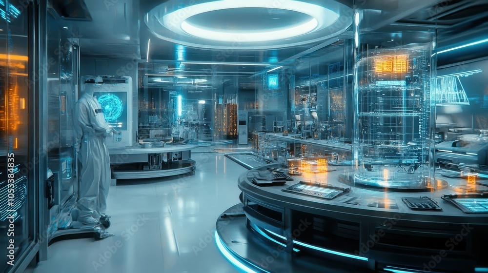 Poster futuristic laboratory with advanced technology experiments.