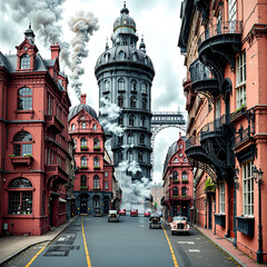 An industrial city with towering smokestacks and Victorian architecture, with mechanical elements and steam-powered machinery in every corner.