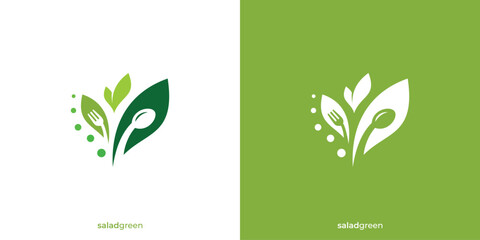 Creative Healthy Salad Logo. Spoon Fork Leaf, Eco Vegetarian Fresh Food Green Salad Healthy Food Logo Design Template.