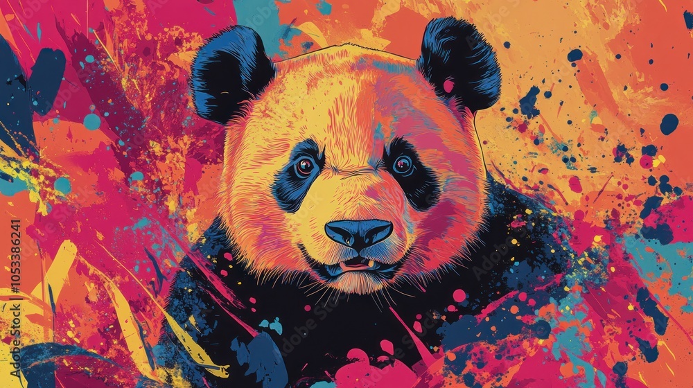 Poster a vibrant illustration of a panda surrounded by colorful splashes and abstract patterns.