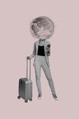 Vertical photo collage of anonym tourist girl instead head map globe booking adventure phone hold...
