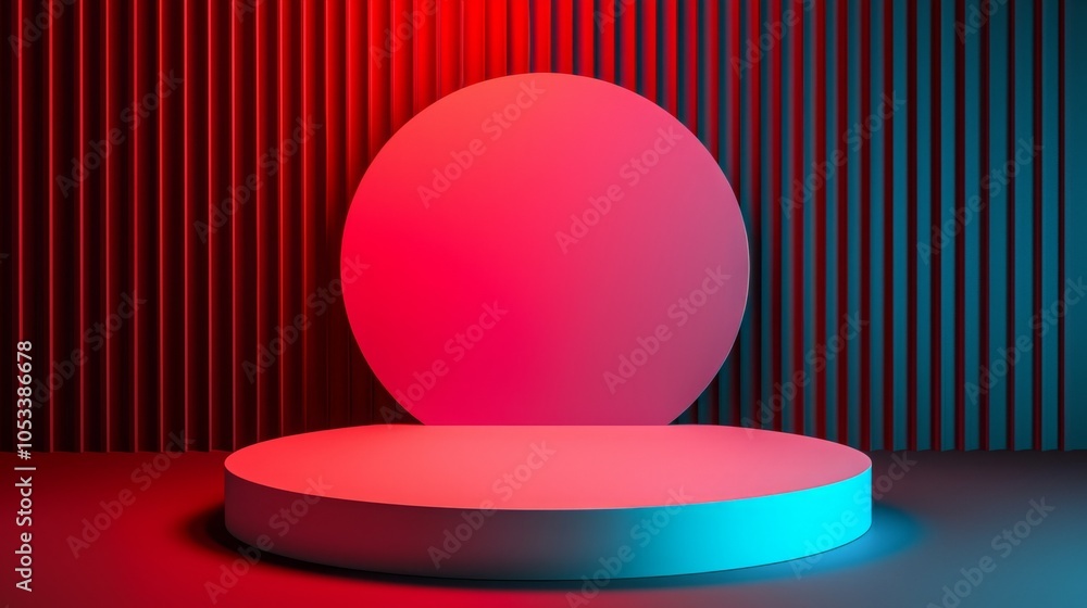 Poster a modern set design featuring a circular platform illuminated by vibrant red and blue lighting again