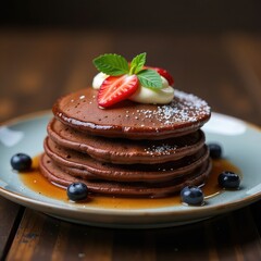 A beautifully arranged stack of chocolate pancakes topped with fresh strawberries, blueberries, and a dollop of cream. Lightly dusted with powdered sugar and drizzled with syrup