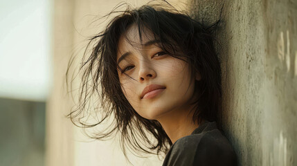 Young woman with tousled hair gazing thoughtfully at the camera, leaning against a textured wall in natural light