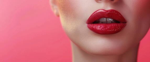 Obraz premium Close-up of glossy red lips with smooth texture, illuminated against a soft pink background. The vibrant color and high-shine finish create a bold, elegant look