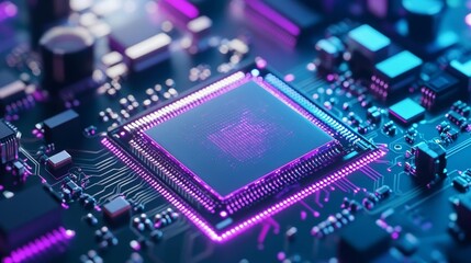 Obraz premium Precision semiconductor packaging process, silicon wafers and microchips, advanced technology lab, glowing neon purple hues, clean high-tech setting