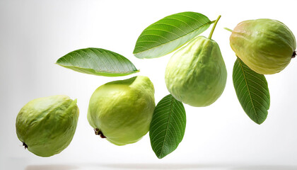 Guava with leaves floating or flying isolated white background